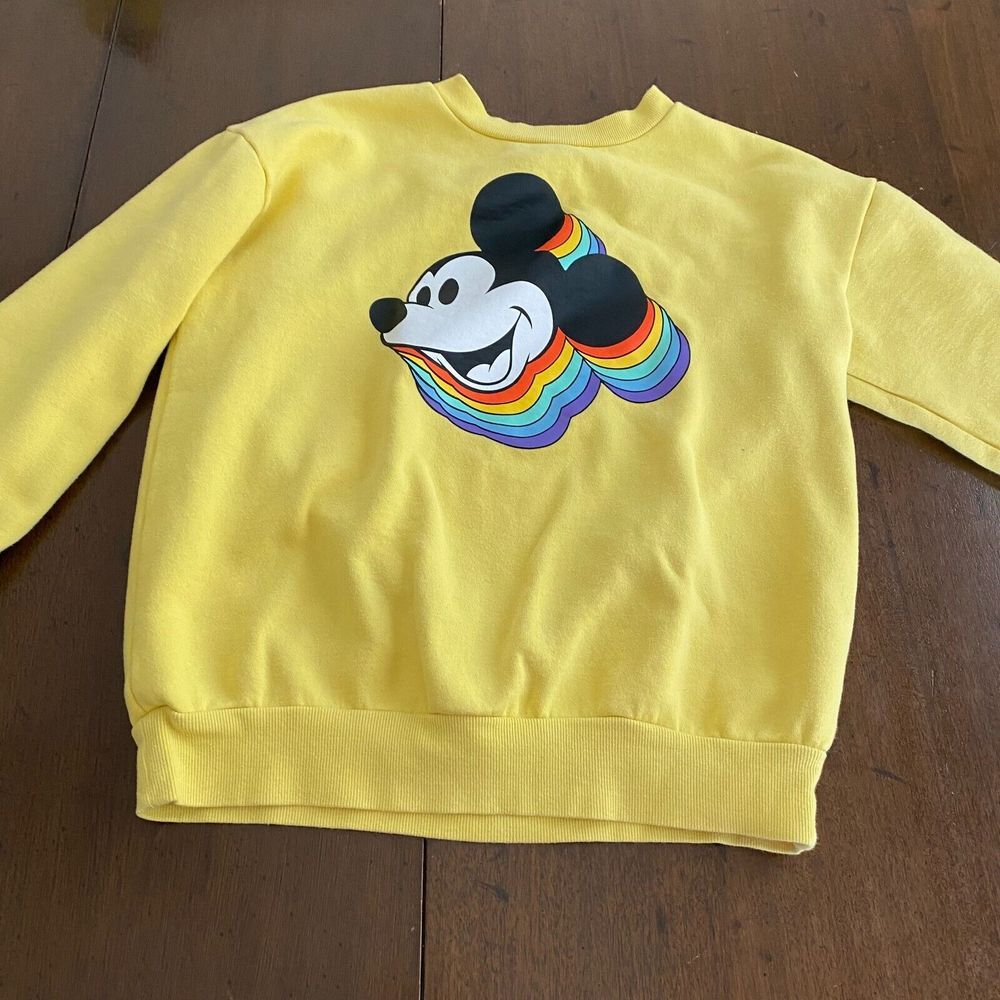 Disney Mickey & Co Sweatshirt Womens Small Yellow Rainbow Fleece Lined Crew Neck